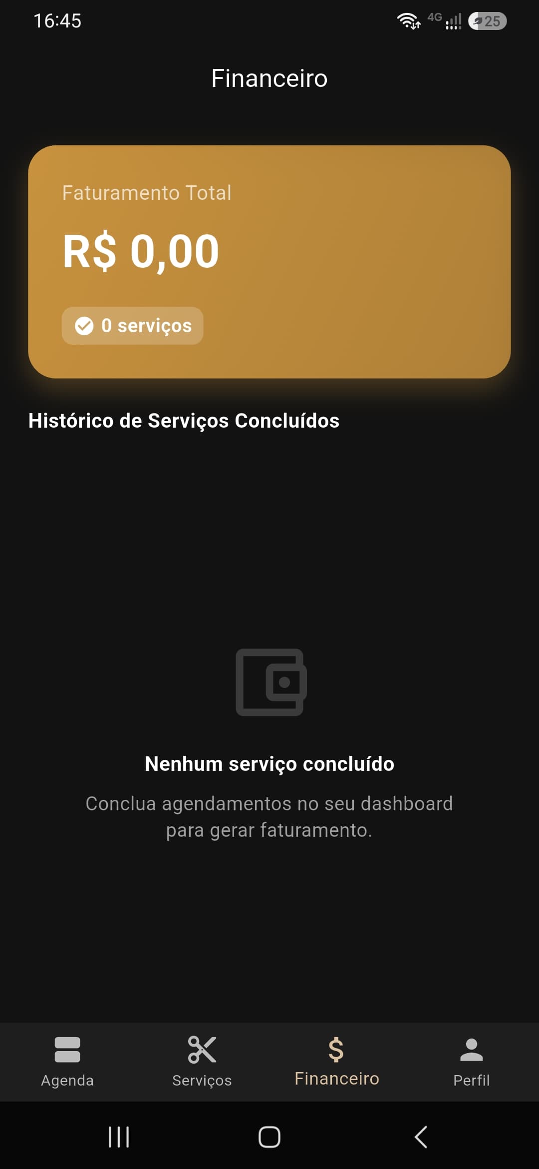 Tela de acompanhamento de resultados do app do barbeiro Na Régua