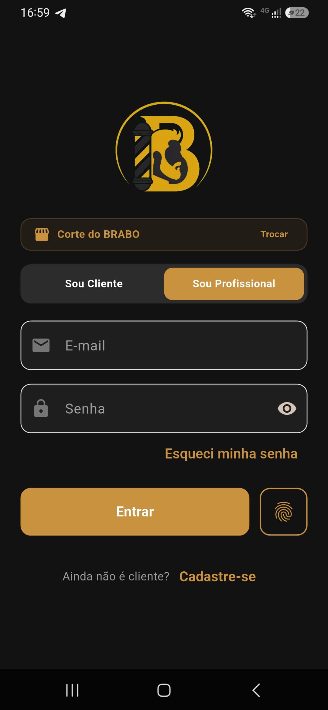 Tela de login profissional do app do barbeiro Na Régua
