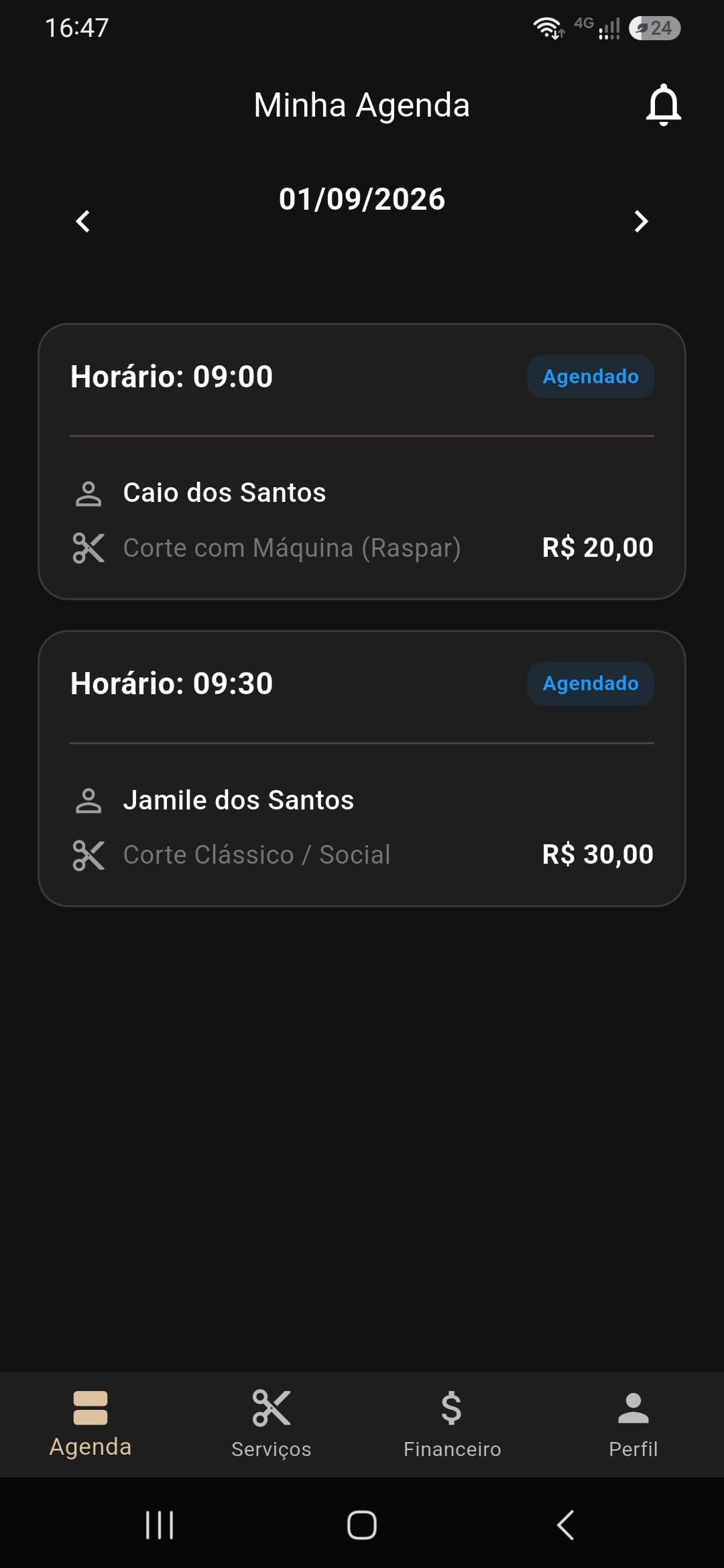 Tela Minha Agenda do app do barbeiro Na Régua