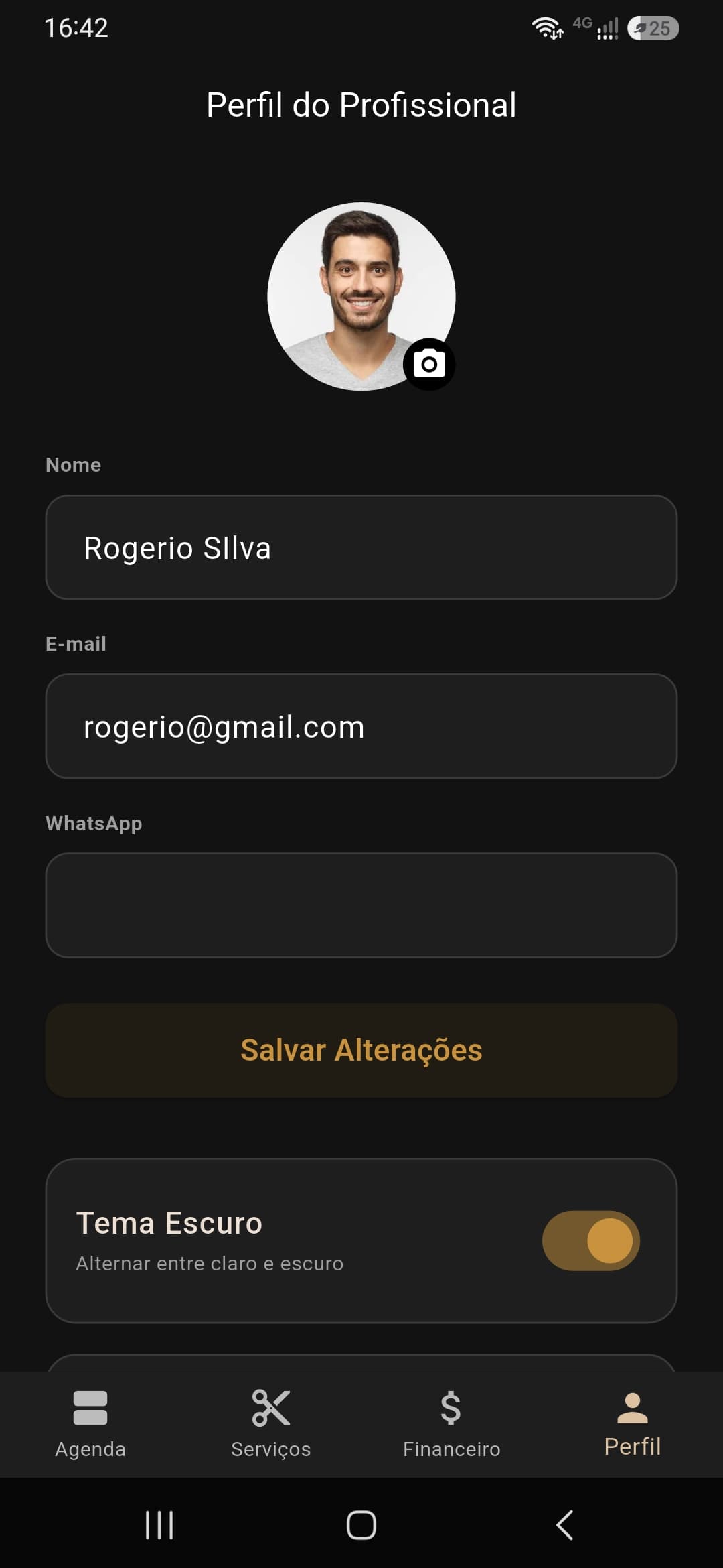 Tela de perfil profissional do app do barbeiro Na Régua