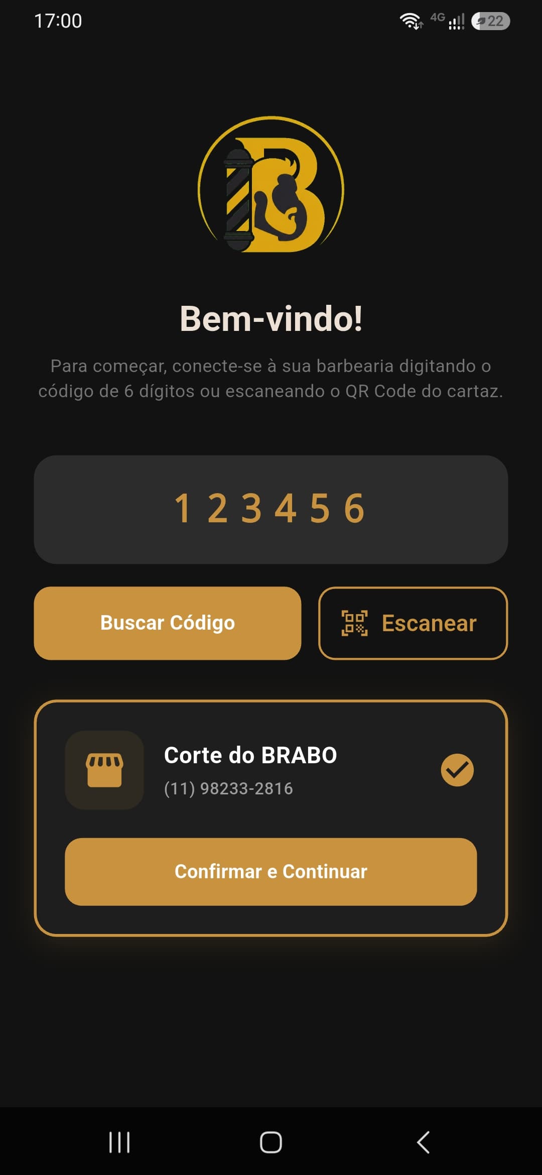 Tela de código da barbearia do app do barbeiro Na Régua