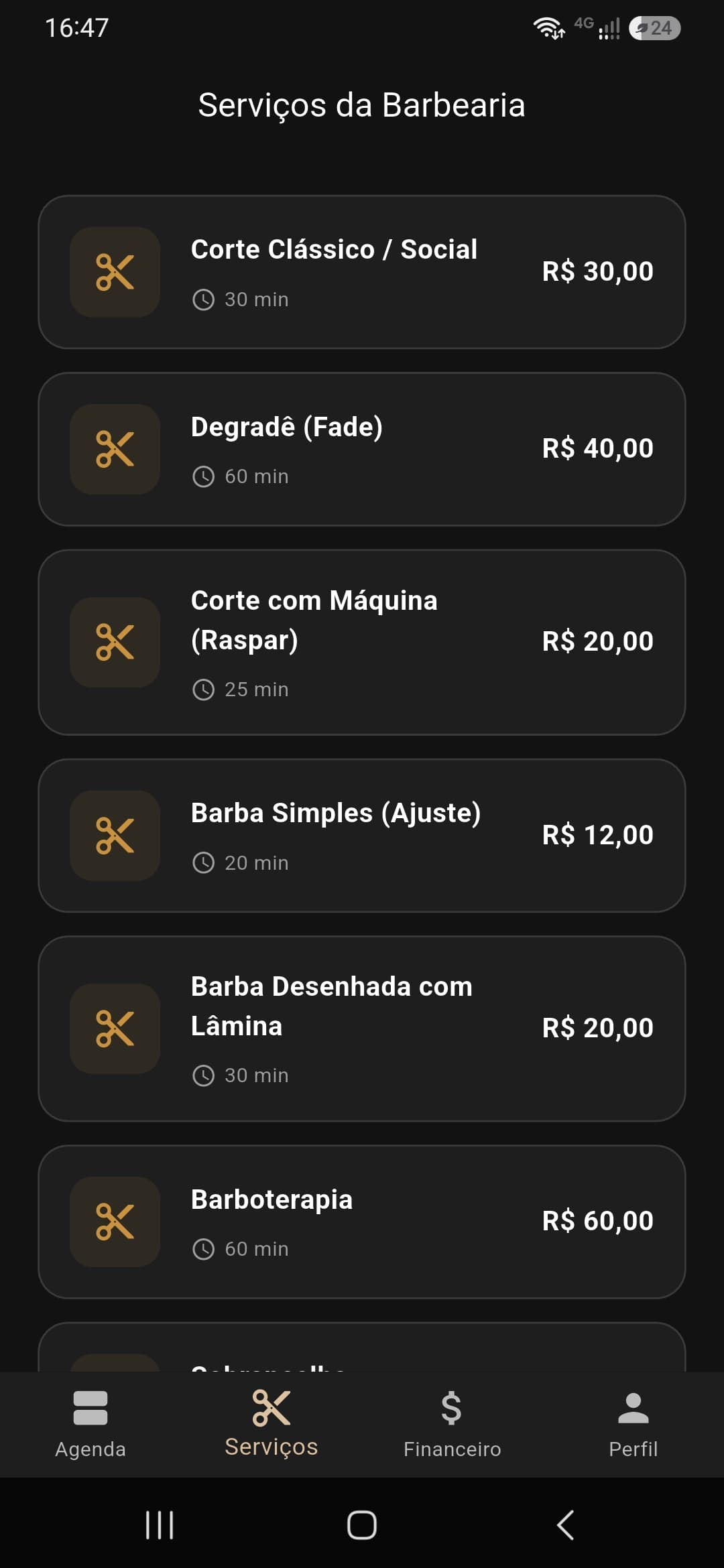 Tela de serviços do app do barbeiro Na Régua