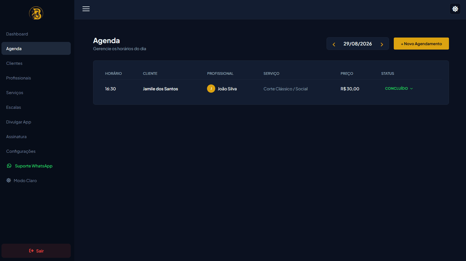 Tela de agenda do painel Web do SaaS Barbearia