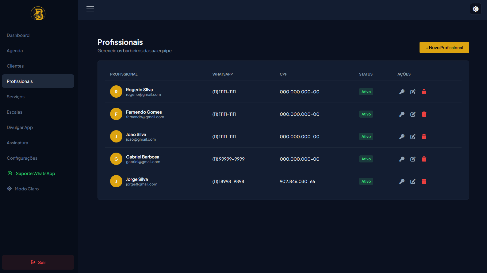 Tela de profissionais do painel Web do SaaS Barbearia