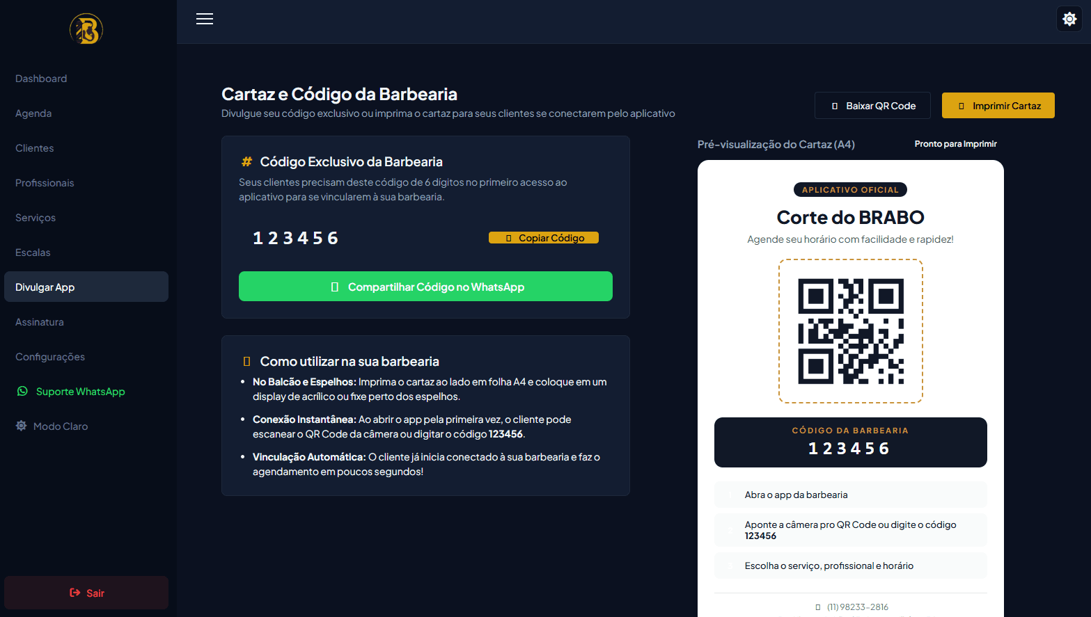 Tela de divulgação e código da barbearia no painel Web