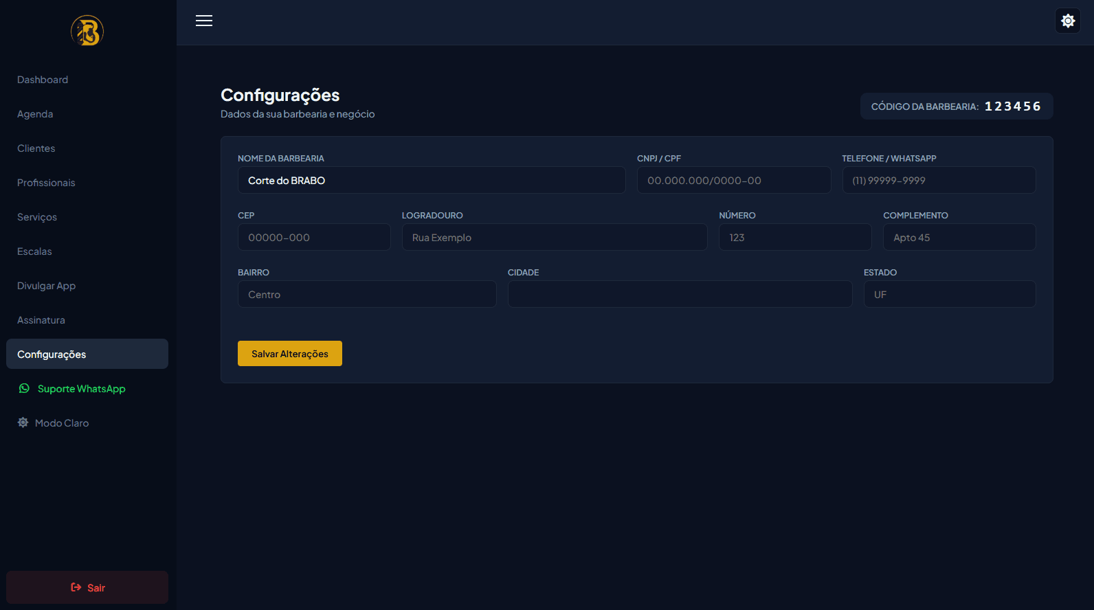 Tela de configurações da barbearia no painel Web